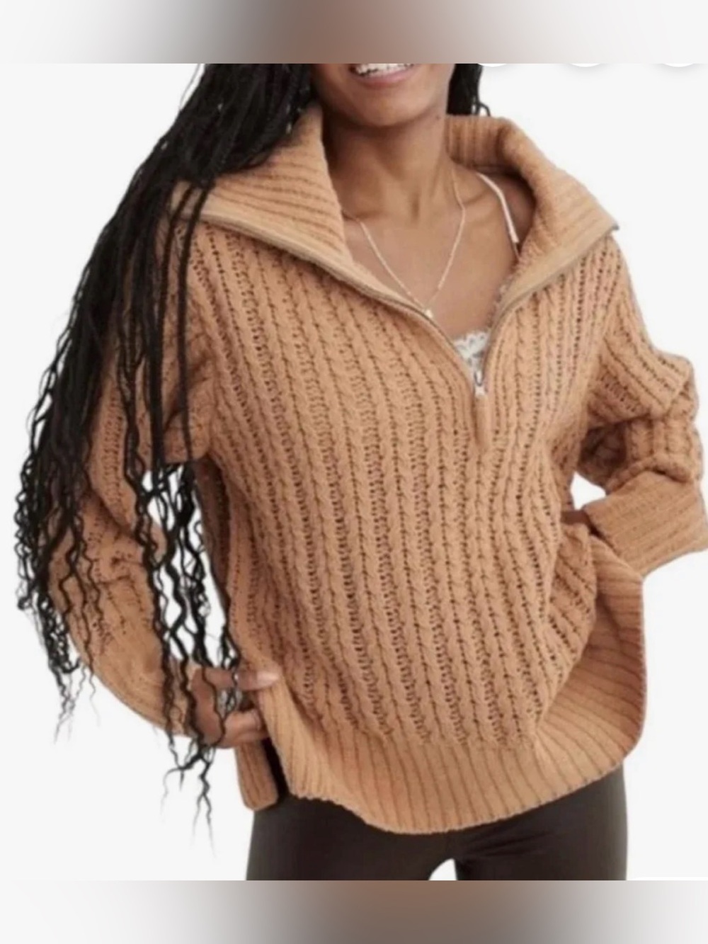 Aerie Tan/Caramel Quarter Zip Chunky Sweater size Large